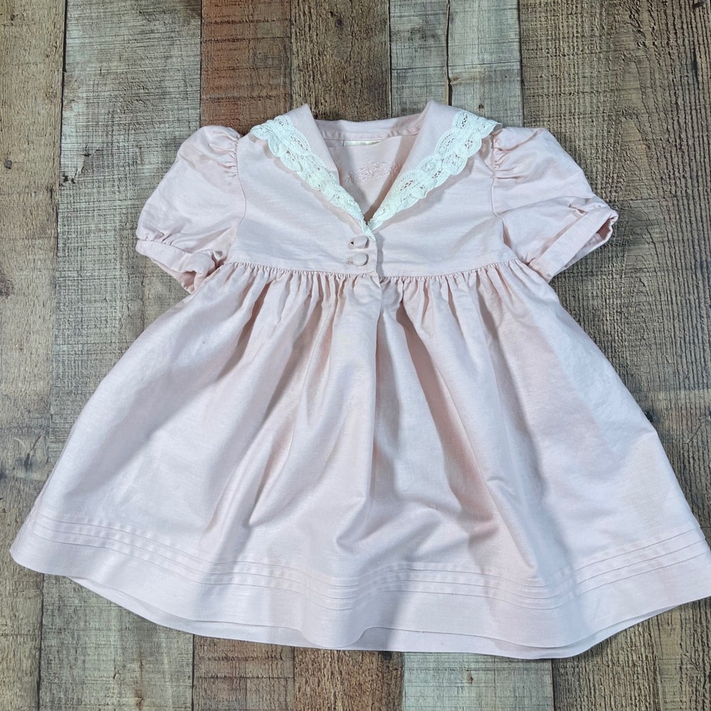 Vintage Laura Ashley Mother Child Baby Dress 6M Pink Linen Lace Puff Sleeve Bow